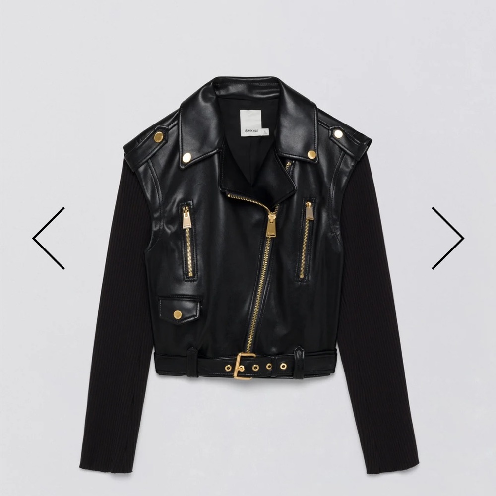 Jonathan Simkhai Belene faux leather jacket with knit sleeve NWT M
